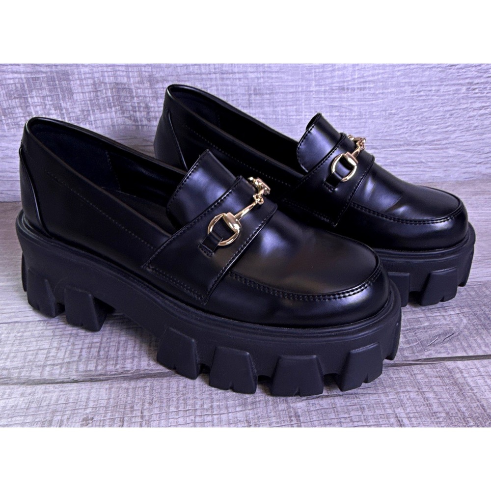 Princess Polly Capri Loafers Womens 8 Black Chunky Platform Dark Academia Preppy